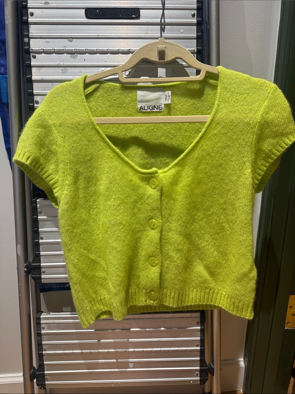 Aline Cropped Short-Sleeve Button Front Sweater - Lime Green